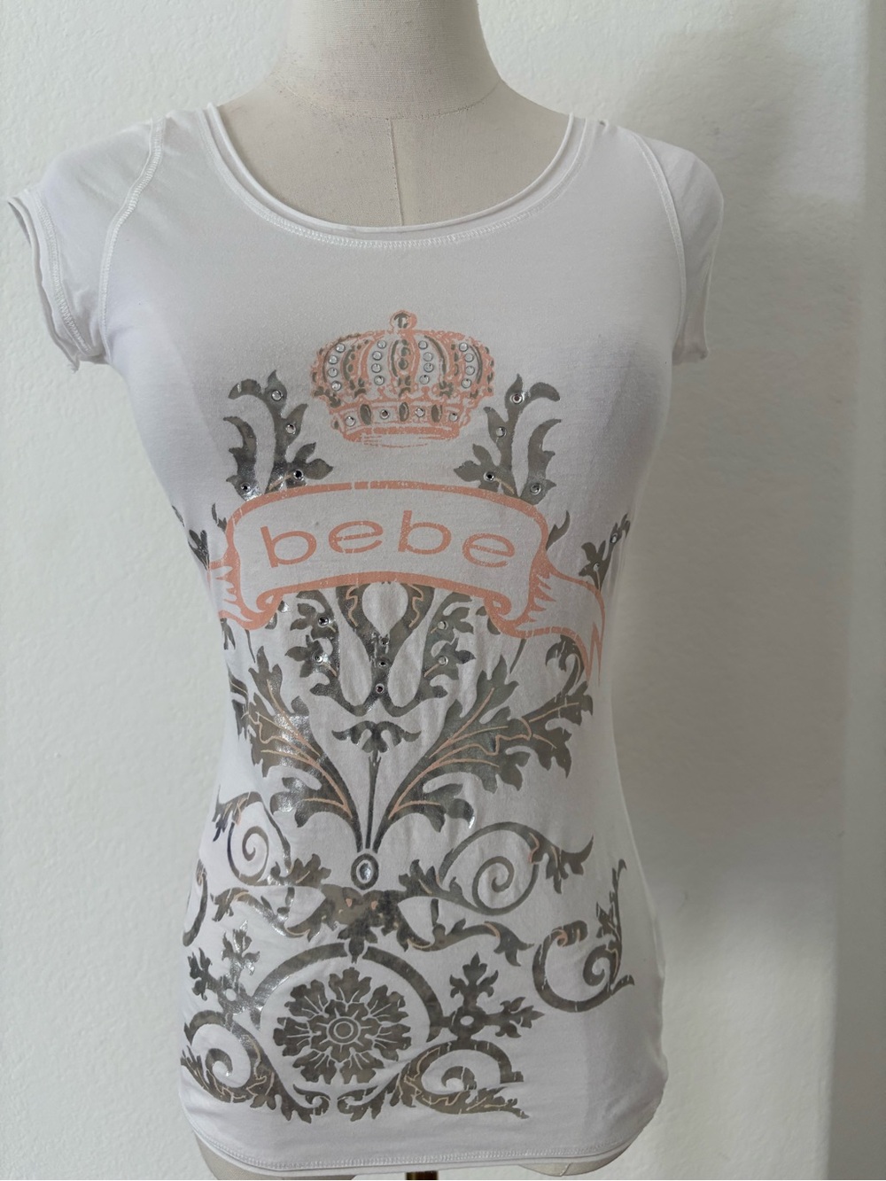 bebe White Tee with Peach Logo and Metallic Gray Print